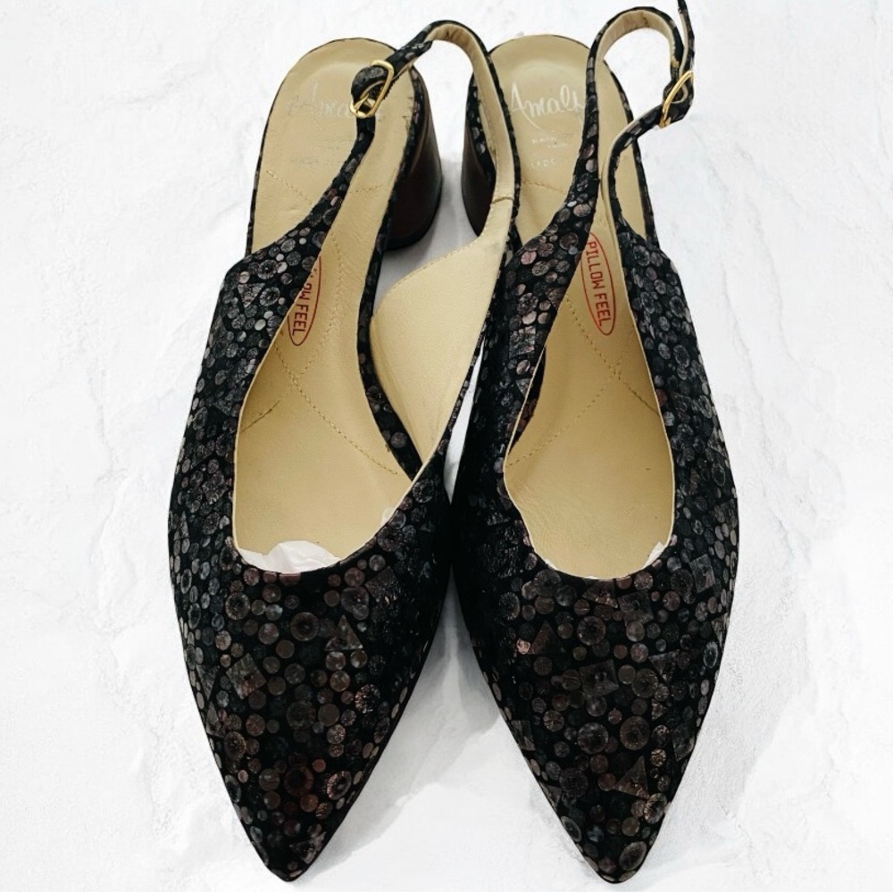 Amalfi by Rangoni Made in Italy Stunning‎ Black Metallic Sling Back Chunky Heels